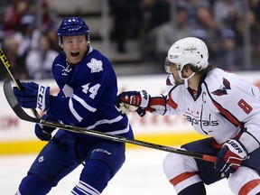 Maple Leafs’ Morgan Rielly looks terrified as Capitals’ Alex Ovechkin lines him up for a big hit on Saturday night at the ACC. (CRAIG ROBERTSON/TORONTO SUN)