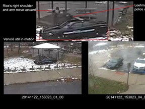 This combination of still images taken from a surveillance video and released Saturday, Nov. 28, 2015, by the Cuyahoga County Prosecutor's Office, shows Cleveland police officers arriving at Cudell Park on a report of a man with a gun. Twelve-year-old Tamir Rice was fatally shot by Cleveland police officer Timothy Loehmann, Nov. 22, 2014, after he reportedly pulled a replica gun at the city park. The enhancement by a California video expert will be presented to a grand jury that will decide if then-rookie patrolman Loehmann or his training officer should be charged criminally for Loehmann killing Rice. (Cuyahoga County Prosecutor's Office via AP)