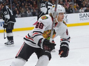 Chicago Blackhawks right wing Patrick Kane reacts after he scored a goal in the first period of the game against the Los Angeles Kings at Staples Center. (Jayne Kamin-Oncea/USA TODAY Sports)