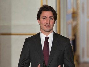 Canadian Prime Minister Justin Trudeau delivers a statement at the Palace Elysee with French President Francois Hollande, not shown, in Paris, France, on Sunday, Nov. 29, 2015. Trudeau is in Paris to attend the United Nations climate change summit. THE CANADIAN PRESS/Adrian Wyld