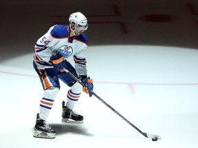 Nov 28, 2015; Pittsburgh, PA, USA; Edmonton Oilers left wing Jujhar Khaira (54) takes the ice for warm-ups before making his NHL debut against the Pittsburgh Penguins at the CONSOL Energy Center. Mandatory Credit: Charles LeClaire-USA TODAY Sports