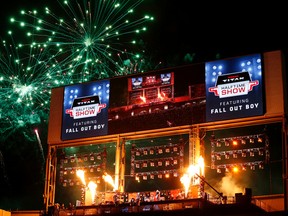 Fireworks fall-out. Fireworks explode over the  Investors Group Field stadium as Fall Out Boy plays during the half-time show for the CFL's 103rd Grey Cup football championship between the Edmonton Eskimos and the Ottawa REDBLACKS in Winnipeg, Man., Sunday November 29, 2015. Al Charest/Calgary Sun/Postmedia Network