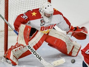 Wellington goalie Olie Lafreniere posted a 40-save shutout last weekend; Dukes extended their current win streak to eight. (OJHL Images)