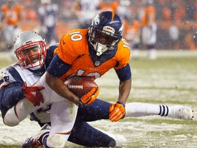 Denver Broncos wide receiver Emmanuel Sanders (10) pulls in a catch to set up a touchdown as New England Patriots middle linebacker Jerod Mayo (51) defends during the second half of an NFL football game, Sunday, Nov. 29, 2015, in Denver. (AP Photo/Jack Dempsey)