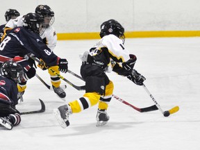 Dominic Marshall (right) of the Mitchell Novices breaks away with the puck during recent hockey action. ANDY BADER/MITCHELL ADVOCATE