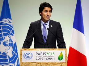 Prime Minister Justin Trudeau delivers a speech during the opening session of the World Climate Change Conference 2015 (COP21) at Le Bourget, near Paris, France, on Nov. 30, 2015. (REUTERS/Stephane Mahe)
