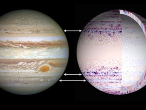 Left side, NASA image of Jupiter taken from Hubble Space Telescope. Right side: Results of a 3D simulation of Jupiter's deep atmospheric flow. Image supplied