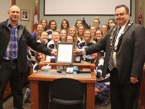 The GDCI Vikings field hockey team and their coach, Ray Lewis, were recognized by Goderich council at the Nov. 23 meeting for their silver medal at OFSAA. (Laura Broadley/Goderich Signal Star)