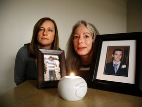 Gino Donato/Sudbury Star
Peg Ferguson shows off a photo of her son Taylor, who passed away at the age of 20, whilie Linda Harrison displays a photo of her son Jamie Boreham, who died at 22. The Compassionate Friends will be holding a candlelight vigil on Dec. 13 for all children who are deeply missed.