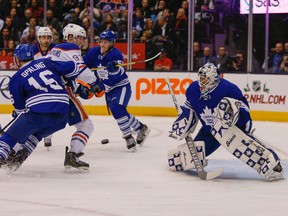Maple Leafs goalie Garret Sparks stops a shot from the Edmonton Oilers' Ryan Nugent-Hopkins at the ACC on Mondaynight. It was Sparks' NHL debut. (Dave Thomas/Toronto Sun)