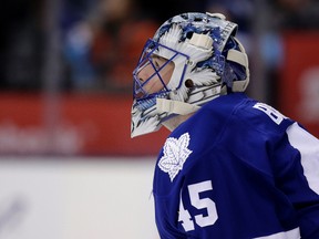 Toronto Maple Leafs goalie Jonathan Bernier looks at the scoreboard after the Washington Capitals scored their fourth goal on Nov. 28, 2015. Washington defeated Toronto 4-2. (CRAIG ROBERTSON/Toronto Sun)