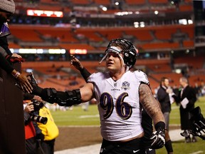 Brent Urban celebrates his blocked field goal that lead to the game-winning Ravens touchdown against the Browns in Cleveland on Monday, Nov. 30, 2015. (Gregory Shamus/Getty Images/AFP)