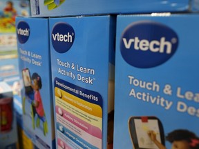 VTech's products are seen on display at a toy store in Hong Kong, China November 30, 2015. Shares of electronic toy maker VTech Holdings Ltd were suspended from trade on Monday after customer data was stolen in a cyber attack, sparking concern over the loss of information relating to children. REUTERS/Tyrone Siu