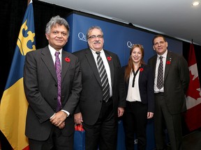 Queen's Principal Daniel Woolf, far right, with speakers  from left, Shai Dubey, Venecio Rebelo  and Natasha Baziuk, at the Queen's Principal's Breakfast at the Delta Kingston Waterfront Hotelon Tuesday November 10 2015. Ian MacAlpine /The Kingston Whig-Standard/Postmedia Network at the Queen's Principal's Breakfast at the Delta Kingston Waterfront Hotelon Tuesday November 10 2015. Ian MacAlpine /The Kingston Whig-Standard/Postmedia Network