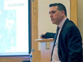 Pierre Chauvin of MacNaughton Hermsen Britton Clarkson Planning Limited present’s his company’s rezoning suggestions to Huron-Kinloss Townsip council on Nov. 23, 2015.  (Darryl Coote/Lucknow Sentinel)