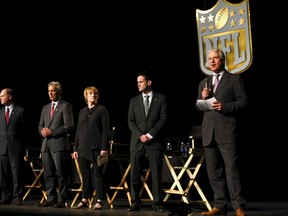 Special counsel to the San Diego Chargers Mark Fabiani speaks as members of Commissioner Roger Goodell's executive staff look on during a forum to take public input on the league's team relocation procedures in San Diego, California October 28, 2015. The Chargers are planning to move their team to Los Angeles. (REUTERS/Mike Blake)