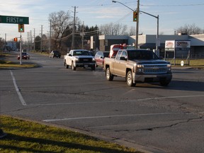 Afternoon traffic moves through the Edward St. and First Ave. intersection with ease Monday, but the St. Thomas police are warning drivers to be extra cautious when the snow flies. Data collected between January and March of 2014 by the St. Thomas police identified the intersection as a problem spot for collisions. (Jennifer Bieman/Times-Journal)