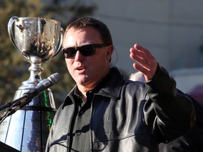 Edmonton Eskimos' head coach Chris Jones speaks to the crowd during the Edmonton Eskimos' rally at Churchill Square in Edmonton, Alberta, on Tuesday, December 1, 2015. 
Perry Mah/RCMP /Edmonton Sun/Postmedia Network