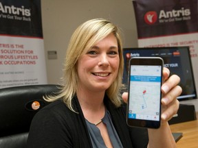 Kaila Beattie, president of Antris, hopes to sell her employee-tracking app to the oil and gas industry, and use those revenues to provide it free to improve safety for social workers, home care provides and others. (CRAIG GLOVER, The London Free Press)