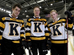 Kingston Frontenacs Roland McKeown, from left, Lawson Crouse and Spencer Watson at the Rogers K-Rock Centre after practice on Tuesday. The three players were named to Team Canada's World Junior selection camp. (Ian MacAlpine/The Whig-Standard)