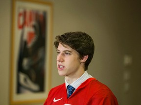 Mitch Marner talks during an interview following Hockey Canada's announcement of the 30 players invited to attend the world junior team selection camp at the MasterCard Centre in Toronto on Tuesday, Dec. 1, 2015. (Ernest Doroszuk/Toronto Sun)