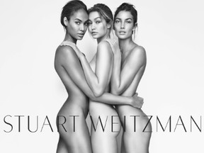 Models Joan Smalls, Gigi Hadid and Lily Aldridge pose nude for Stuart Weitzman's spring campaign. (Stuart Weitzman)