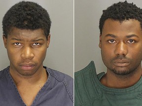 These photos provided by Oakland County Sheriff's Office show Shadeed Dontae Bey, left, and Nikey Dashone Walker.  Authorities say Bey and Walker stole a cellphone from a suburban Detroit man with cerebral palsy, beat him, recorded the assault on his cellphone and posted it to his Facebook page. Bey and Walker were arrested following the Nov. 29, 2015, attack at the victim's apartment complex in Pontiac, Mich.  (Oakland County Sheriff's Office via AP)