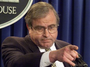 In this March 25, 1999 file photo, then-National Security Adviser Sandy Berger answers questions in the White House briefing room in Washington. Berger, who helped craft President Bill Clinton's foreign policy and got in trouble over destroying classified documents, died Wednesday at age 70. (AP Photo/Ron Edmonds)