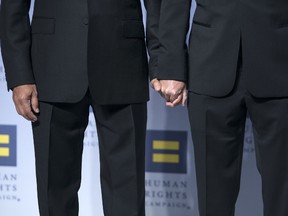 United States Ambassador to the Dominican Republic James "Wally" Brewster and husband Bob Satawake attend the 19th Annual HRC National Dinner at Walter E. Washington Convention Center on October 3, 2015 in Washington, DC. (Leigh Vogel/Getty Images/AFP)