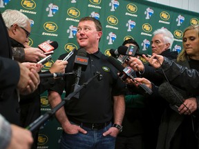 Head coach Chris Jones speaks during an Edmonton Eskimos year end media conference at Commonwealth Stadium in Edmonton, Alta., on Wednesday, December 2, 2015. Ian Kucerak/Edmonton Sun