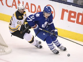 Bruins scoring leader David Krejci chases Maple Leafs defenceman Jake Gardiner behind the net during a game in Toronto. (USA TODAY SPORTS)