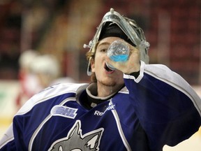 Sudbury Wolves goaltender Matthew Menna gets refreshed prior to first-period action against the Soo Greyhounds Wednesday, Dec. 2, 2015 at Essar Centre in Sault Ste. Marie, Ont. JEFFREY OUGLER/SAULT STAR/POSTMEDIA NETWORK