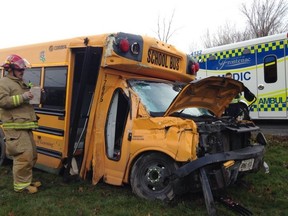 Emergency services responded to a school bus crash on Kingston Mills Road Thursday morning. The driver was taken to hospital with non life-threatening injuries. No children were on the bus. 
Elliot Ferguson/The Whig-Standard