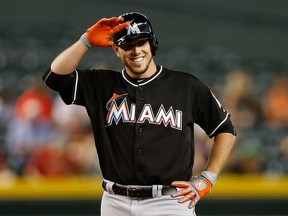 Jose Fernandez of the Miami Marlins reacts after hitting a double against the Arizona Diamondbacks at Chase Field on July 22, 2015 in Phoenix. (Christian Petersen/Getty Images/AFP)
