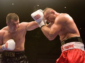 Neven Pajkic (left) lands a jab on Greg Kielsa during their Canadian heavyweight championship bout in Orilla on Saturday March 27, 2010. (THE CANADIAN PRESS/Chris Young)