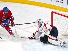 Canadiens centre Alex Galchenyuk (left) shoots on Capitals goalie Braden Holtby during second period NHL action in Montreal on Thursday, Dec. 3, 2015. (Jean-Yves Ahern/USA TODAY Sports)