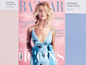 This image released by Harper's Bazaar shows the September 2015 issue of Harper's Bazaar, designed in shades of blue and pink. The experts at the Pantone Color Institute have chosen two colors of the year, Rose Quartz, a pale pink and Serenity, a shade that is closer to baby blue. (Harper's Bazaar via AP)