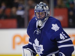 Toronto Maple Leafs goalie Jonathan Bernier on Nov. 28 in his last start with the Leafs before a 10-day conditioning stint with the Marlies. (Craig Robertson/Toronto Sun)