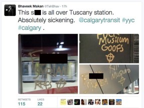 Twitter user @TehBhav tweeted photos of graffiti targeting Muslims and Syrian refugees that was spray-painted at a light-rail transit station in Calgary. (@TehBhav/Twitter screengrab)
