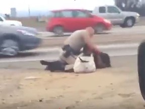 Amateur video shows former California Highway Patrol Officer Daniel Andrew punching Marlene Pinnock beside a freeway last year. (YouTube/Screengrab)