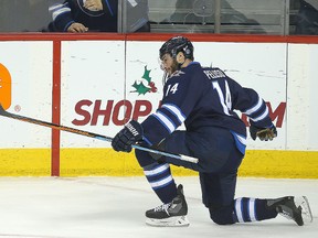 Winnipeg Jets right winger Anthony Peluso celebrates his third period goal against the Toronto Maple Leafs during NHL hockey in Winnipeg, Man. Wednesday Dec. 2, 2015. The Jets defeated the Leafs 6-1.