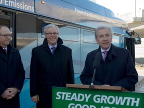 Barry Rempel (right), president and CEO of Winnipeg Airports Authority, alongside Premier Greg Selinger (Center) and Coun. Scott Gillingham (left) announced plans on Dec. 4 to install eight new public electric-charging stations at James Armstrong Richardson International Airport.