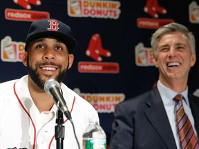 Red Sox pitcher David Price smiles with President of Baseball Operations Dave Dombrowski during a press conference announcing his signing at Fenway Park in Boston on Friday, Dec. 4, 2015. (Winslow Townson/AP Photo)