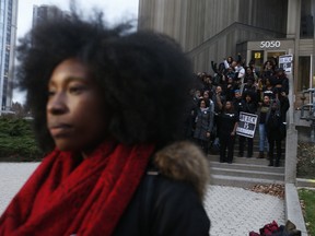 Protester Kaysie Quansah is the aunt of the Grade 8 student at the centre of a hair style controversy. (JACK BOLAND, Toronto Sun)