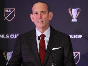 MLS commissioner Don Garber speaks during a press conference at the Greater Columbus Convention Center in advance of the MLS Cup championship game between the Portland Timbers and Columbus Crew. Jason Mowry-USA TODAY Sports