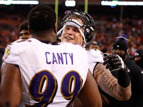 Brent Urban of the Baltimore Ravens celebrates his blocked field goal against the Cleveland Browns with Chris Canty during NFL play at FirstEnergy Stadium on November 30, 2015 in Cleveland. (Gregory Shamus/Getty Images/AFP)