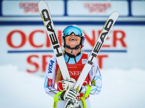 Lindsey Vonn of the United States reacts after winning the women’s World Cup downhill race at the Lake Louise Ski Resort Saturday. (Sergei Belski/USA TODAY Sports)