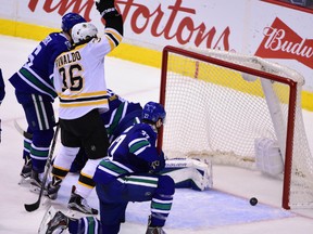 Boston Bruins forward Zac Rinaldo celebrates after forward Tyler Randell scores a goal past Vancouver Canucks goaltender Jacob Markstrom. (Anne-Marie Sorvin/USA TODAY Sports)