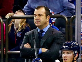New York Rangers head coach Alain Vigneault looks on against the Philadelphia Flyers. Andy Marlin-USA TODAY Sports