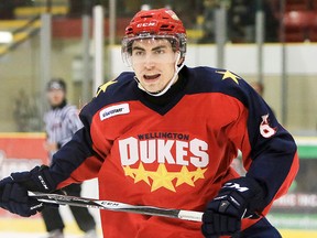 Jacob Hetherington scored a goal for the Wellington Dukes in a one-win, one-loss weekend. (OJHL Images)